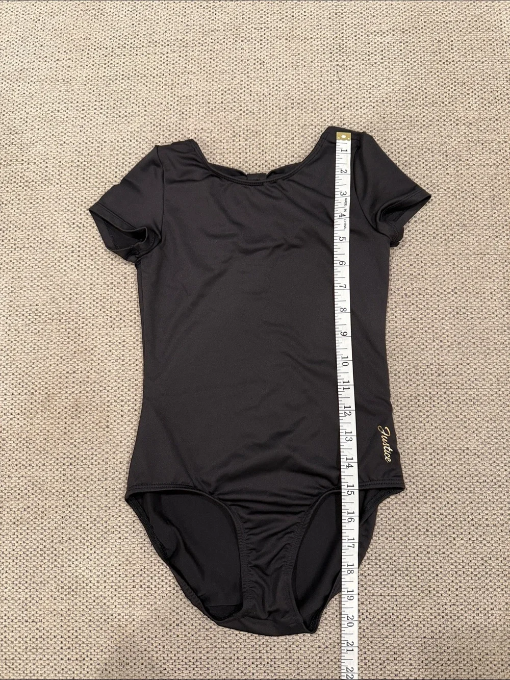 Justice Black Short Sleeve Dance Leotard with Gold Script